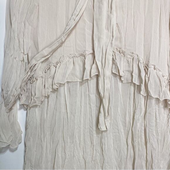 Zara Neck Tie Ruffle Long Sleeve Sheer Chiffon Mini Dress, Tunic V Neck Bone L - Picture 8 of 8